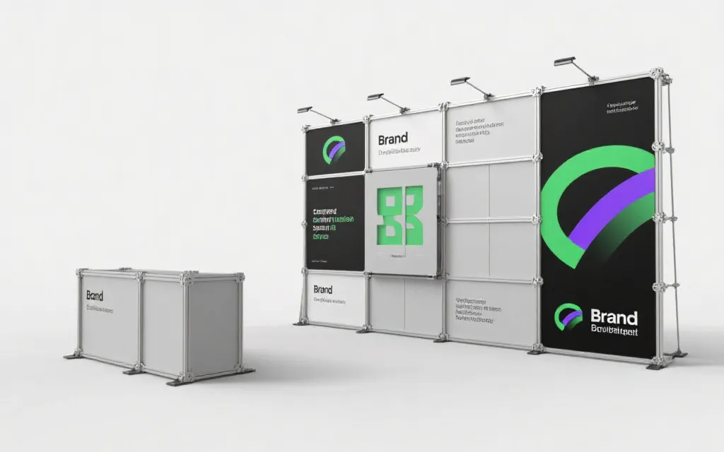 模块化展架与可更换画面系统的活动区设计概念，强调可重复使用与拆解