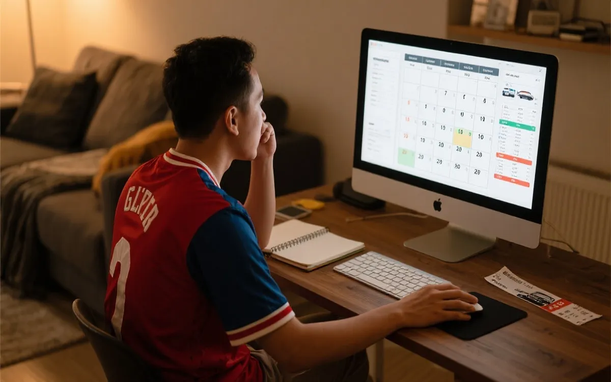 球迷在电脑前查看购票日历与预算计划的场景