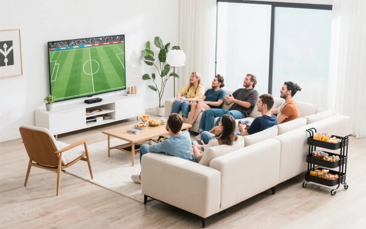 多人观赛的客厅座位与零食动线布置示意